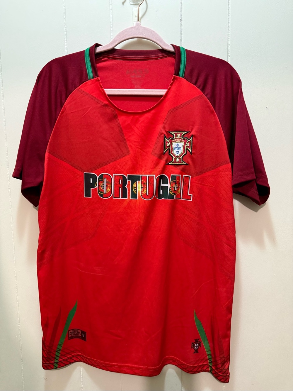 Portugal Men's Red Soccer Jersey with Green Trim